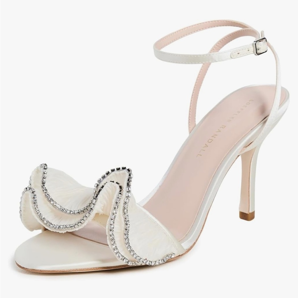 Loeffler Randall Estella Rhinestone Ruffle Satin Ankle Strap Heeled Sandal